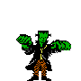 Pixelated green-skinned figure with black hair and bolts on head, wearing black coat, yellow shirt, brown pants, and black boots, standing with arms raised in four sequential poses.