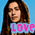 A pixelated image of a person with long brown hair against a light blue background, featuring the word "LOVE" in large letters below.