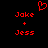 Red pixelated text and symbols on black background: 'Jake + Jess' with a heart symbol above.