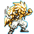 A contact sheet of 10 animated frames showing a pixelated character with spiky golden hair and white pants in various fighting poses against a gray background.