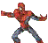 Pixelated figure in red and brown tones with extended arms, standing against a solid gray background.