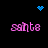 Pixelated pink text 'sainte' appears in four quadrants on a black background, with blue heart and starburst icons animating above and below the text.