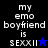 Four display text 'my emo boyfriend is SEXXII' with star symbols on black and blue backgrounds