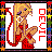 Pixelated character with blonde hair and red tail in four- , each showing different text color on right side