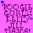 A static image with a bright pink background featuring repeated text and star symbols in purple, blue, and light purple.