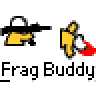 Animated contact sheet showing two identical yellow stick figures with black guns and white helmets in multiple frames, each paired with a red-and-white hand gesture icon above the text "Frag Buddy" on gray background.