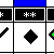 Pixelated of icons with symbols, letters, and asterisks in black, white, gray, red, green, yellow, blue; some contain arrows or 'C' characters