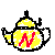 Pixelated teapot icon with yellow body, red 'M' symbol, and black outlines on gray background.