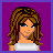 Pixel art contact sheet showing six frames of an animated icon with a woman's appearance and text about hair preferences, set against purple background.