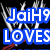 Blue rectangular blocks with white text reading "JaiH9" and "LOVES" on a black background, surrounded by pixelated smoke-like effects.
