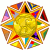 A circular pixelated icon with a central yellow sphere surrounded by radiating triangular shapes in orange, red, purple, blue, green, and brown.