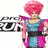 Pixelated character with pink hair and blue-pink outfit stands against white background, partially obscured by black-and-white text.