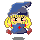 Pixel art character with blonde hair, blue hat, blue dress with red cross, red shoes, and pink cheeks in four variations.