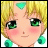 Pixelated anime-style character with blonde hair, green eyes, and teal accessories against a black background with text.
