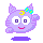 Pixelated purple cat-like creature with large white eyes, yellow crescent moon and blue flower headpiece, pink smile, raised paw in first frame.