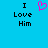 Blue background with black text "I Love Him" on left and right, pink pixelated heart symbol between them.