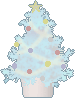 Six animated frames of a light blue Christmas tree with yellow star, snowflake edges, and colored ornaments in white pot on gray background.