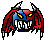 Pixelated devil head with red hair, blue face, yellow eyes, white teeth, and black horns on gray background.