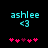 Pixelated cyan text 'ashlee' above a cyan '<3' symbol, with five pink heart icons below on black background.