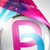 Pixelated abstract composition with pink, blue, and white gradients forming a curved shape against light gray background.