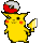 Pixelated yellow Pikachu with red cheeks and black-tipped ears wears a Poké Ball on its head, holding a white rectangular object in various poses across four