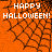 Orange background with black spiderweb pattern and white text reading HAPPY HALLOWEEN! in pixelated font.