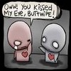 Two cartoon figures with heart symbols on their chests stand against a gray background, one speaking in a speech bubble.