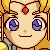 Pixel art contact sheet of a single anime-style character's face across six animation frames showing eye and mouth variations, arranged in 3x2 grid with yellow hair and red gem necklace on beige background.