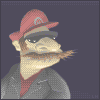 Pixelated character with red cap, dark sunglasses, and brown mustache holding a cigar, wearing gray jacket over red shirt against dark background.