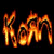 Animated contact sheet showing 12 sequential frames of the word 'Korn' rendered as orange and yellow flames against a black background, with visible flame motion across sampled frames.