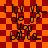 four identical showing pixelated text on a red and orange checkered background