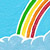 Static pixel art of four diagonal rainbow stripes on a light blue background with white cloud-like shapes at the bottom.