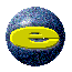 A spherical blue textured object with a yellow oval shape containing a stylized 'e' symbol, shown in four with the yellow element shifting position
