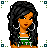 A 4x3 contact sheet of pixel art frames showing a cartoon woman with long black hair, green top, and blue jeans in various poses alongside text fragments "bit", "ches", "talk", "only", "shit!" on a white background with decorative corner patterns.