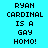 Four display identical pixelated text 'RYAN CARDINAL IS A GAY HOMO!' on cyan and green backgrounds