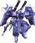 Pixelated mecha with blue-gray armor, dual shoulder-mounted cannons, and red accents on limbs stands against light gray background.