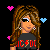 Animated contact sheet of a pixel art character with long brown hair wearing sunglasses and an AC/DC shirt, showing different poses and text variations against a black background with pink and blue hearts.