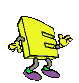 Yellow blocky character with E-shaped torso, purple shoes, green ankle bands, and gray limbs in various poses against a light gray background.