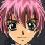 Pixelated anime-style character with short pink hair, large dark eyes, and a neutral expression against a dark background.