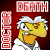 Pixelated character with yellow face, white hair, and orange mouth in a of red text on dark background