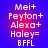 Four identical pixelated text on blue background with red gradient, each displaying names and 'BFFL' in white block letters
