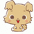 Pixelated cartoon animal with light brown fur, large dark eyes, pink cheeks, and a red mouth on white background.