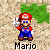 Pixelated character in red cap and blue overalls stands on sandy background with green block behind, holding white object, text 'Mario' below.