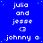 Blue background with white pixelated text repeating 'julia and jesse <3' and 'johnny a' in a pattern, with a gray rectangle in the bottom-right corner