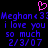 Pixelated text and symbols on black background with pink heart above blue lettering reading "Meghan <3: Meghan <3 i love you i love you so much so much 2/3/07".