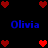 Pixelated red hearts and blue text 'Olivia' on a black background, arranged in a pattern with heart clusters at corners and center
