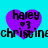 Four identical purple heart-shaped icons with black text 'haley' and '♥3', each overlaid on a cyan background with partial pixelated text below.