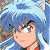 Pixelated anime-style character with blue hair, brown eyes, and a red garment visible at the bottom right.