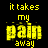 A 3x2 contact sheet of six animated frames showing text-based animation with yellow and white pixelated text on a black background, displaying the phrase "it takes my pain away" in varying color states across frames.