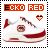 six identical pixelated images showing a white and red sneaker with 'ECKO RED' text above each, featuring heart icons that change color